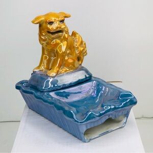 Japan Lusterware Ceramic Shishi Foo Dog Figurine Ashtray Trinket Dish Iridescent